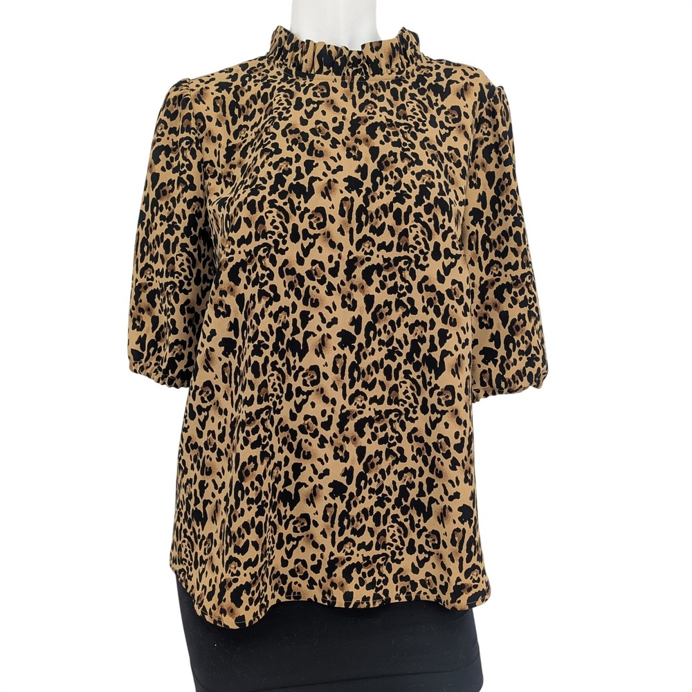 J Crew Leopard Print Ruffle Mock Neck Top Puff Sleeve Office Feminine Chic Small